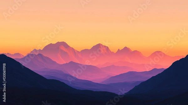 Fototapeta Majestic Mountain Range Silhouetted Against a Warm, Glowing Sunset Sky with Soft Pastel Colors Creating a Dreamy and Inspiring Landscape.