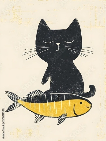 Obraz Black cat showing his meal illustration