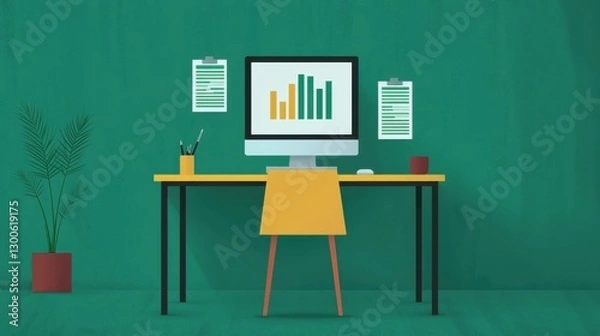 Fototapeta green screen infographics concept. Startup Business Infographic on Professional Green Workspace