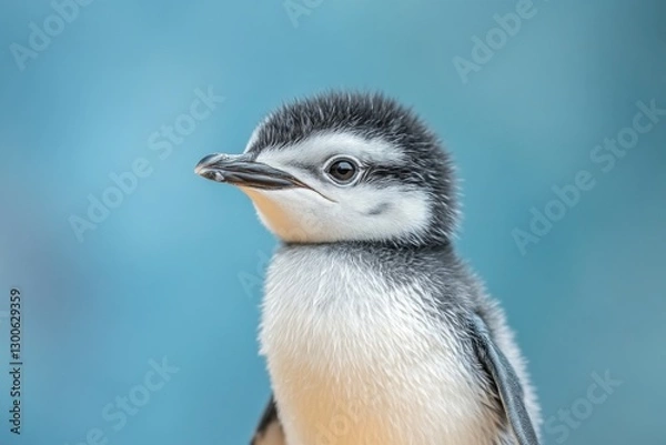 Fototapeta Penguin chick stands proudly against a soft blue background showcasing its fluffy feathers and curious expression