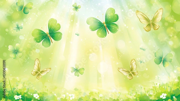 Fototapeta A close-up view of a Saint Patrick's Day clover wreath, vibrant green with golden accents, against a misty forest background featuring soft bokeh and sunlight streaming through the leaves, highlightin