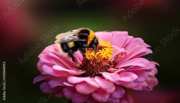 Fototapeta Bumblebee sleeping on pink zinnia flower, Bombus hortorum having rest