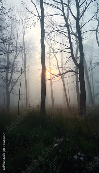 Fototapeta The forest during the fog. Soft light during sunrise. Blooming trees and grasses with flowers. Mystical atmosphere. Image for background and wallpaper, dreamy atmosphere. with white shades