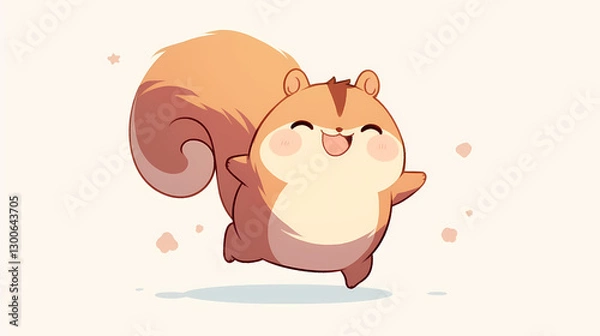 Fototapeta Cute cartoon squirrel joyfully jumping with a cheerful expression against a soft pastel background