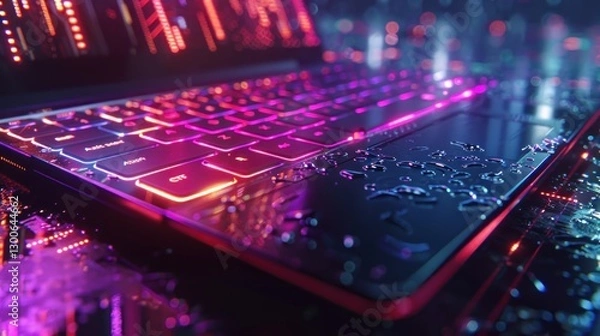 Fototapeta A close-up view of a sleek, futuristic laptop keyboard lit by vibrant pink and blue neon lights, with water droplets reflecting the light.