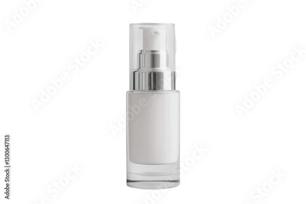 Fototapeta Isolated cosmetic bottle with dispenser pump on transparent background. Shiny metallic and white product container for skincare. Vertical studio shot