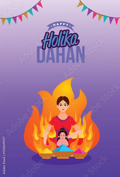 Fototapeta This image portrays the symbolic Holika Dahan ceremony, representing the power of faith and positivity during the Holi festival. The mother and child sitting near the fire reflect the nurturing aspect