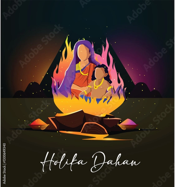 Fototapeta This image portrays the symbolic Holika Dahan ceremony, representing the power of faith and positivity during the Holi festival. The mother and child sitting near the fire reflect the nurturing aspect