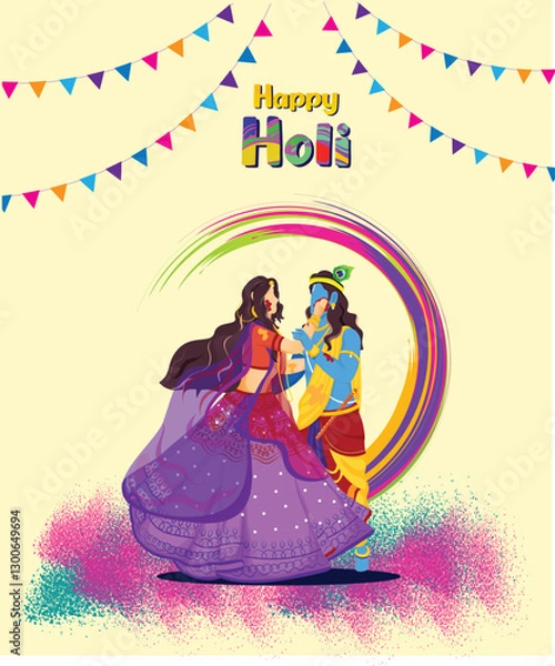 Fototapeta Hindu Mythology Lord Krishna and Goddess Radha Performing Dance on Splashing Colors Background For Happy Holi Celebration Concept.