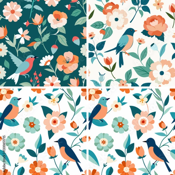Obraz Flowers and birds seamless watercolor pattern editable vintage retro vector flower seamless watercolor pattern handmade print a