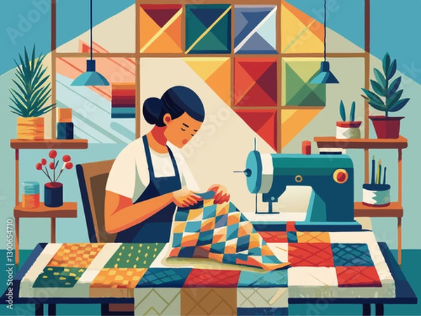 Fototapeta Skilled Artisan Quilting Colorful Patchwork in Cozy Studio with Sewing Machine