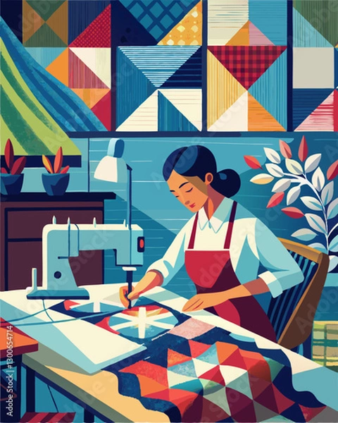 Fototapeta Creative Quilt Making: Woman Sewing Colorful Fabric Patterns in Artistic Studio Setting