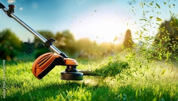 Fototapeta Hand held grass trimmer mowing green lawn. Grass shreds flying around the gardening tool.