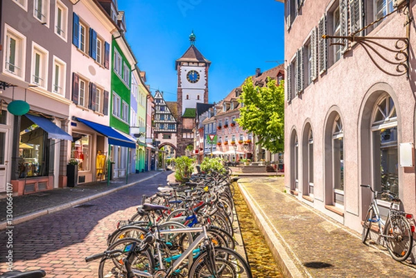 Obraz Freiburg im Breisgau historic cobbled street and colorful architecture view