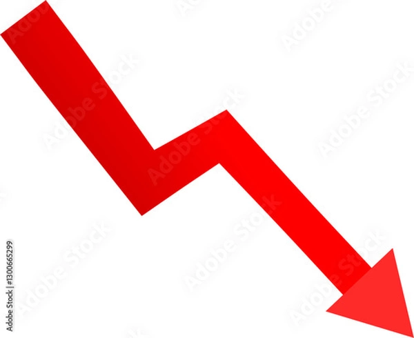 Fototapeta Red arrow pointing down, falling concept of loss market crash, falling red arrow indicating a decrease in value, big red arrow going down, business loss financial decline economic fall recession.