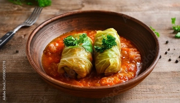 Fototapeta two stuffed cabbage rolls filled with rice garnished with fresh herbs served in a rustic bowl with a rich tomato sauce on a wooden table with a homely atmosphere