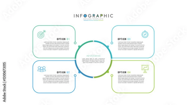 Fototapeta 4 colorful elements with linear icons and place for text inside placed around circle. Concept of strategic planning technique. Infographic design template. Vector illustration.