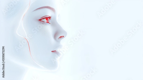 Fototapeta Stunning, pristine futuristic white beautiful woman, with a white background, modern minimalist view with pure white aesthetics, few red outlines and eyes.
