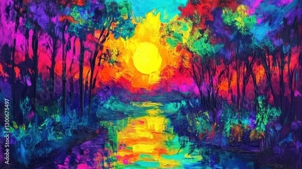 Fototapeta Vibrant Sunset Above Calm River with Colorful Reflections
