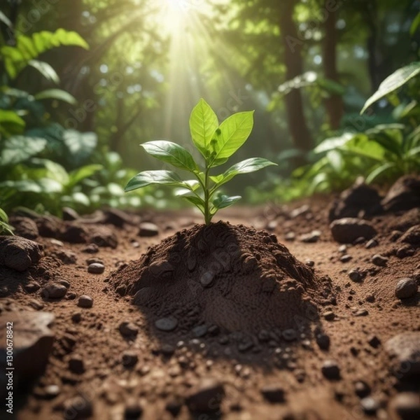 Fototapeta A coffee bean seedling emerges from the earth surrounded by lush greenery amidst natural foliage ,  green,  forest,  nature
