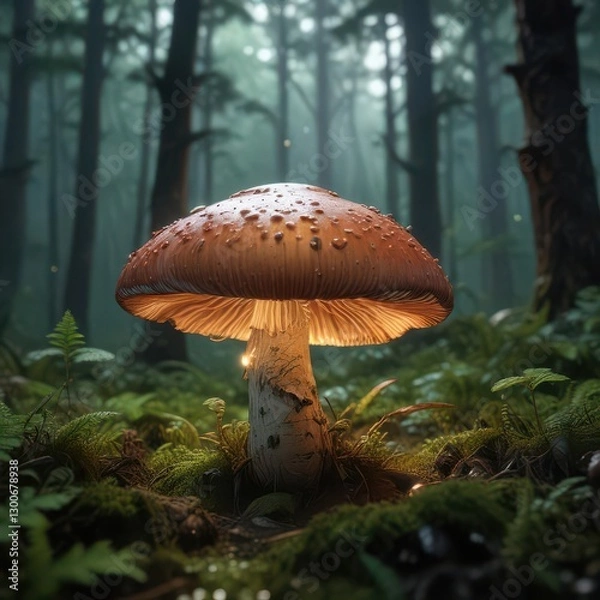 Fototapeta A lush forest with a glowing mushroom at its center,  trees,  nature,  glow