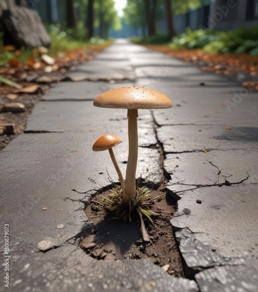 Fototapeta A mushroom growing through a cracked concrete sidewalk in a forested area,  growth,  nature,  mushrooms