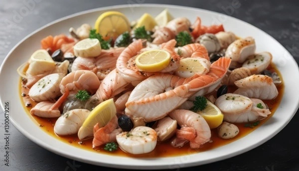 Fototapeta A plate of assorted seafood with a flat fish on top,  seafood platter,  food,  seafood