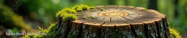 Fototapeta A tree stump with moss and lichen growing on it , foliage, decay