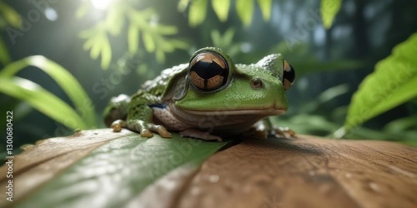 Fototapeta Close-up of a frog's face peeking out from behind a leaf,  outdoor,  green