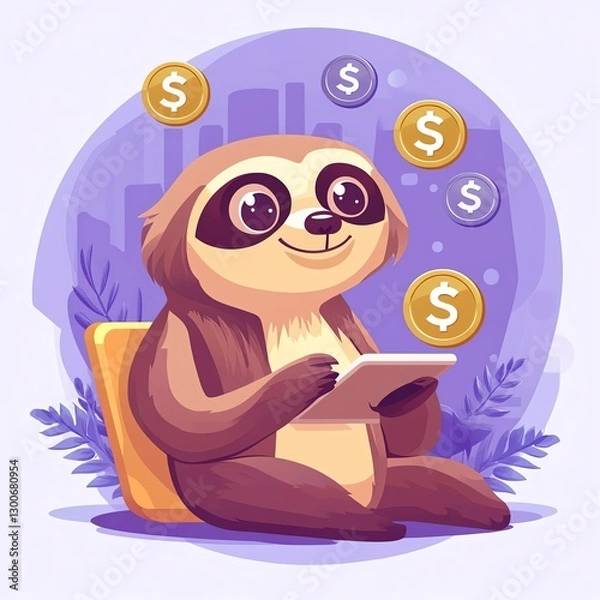 Fototapeta A cheerful sloth uses a tablet, surrounded by floating dollar signs, symbolizing relaxation and financial success.