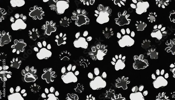 Fototapeta Doodle paw print seamless black background pattern, black doodle art,