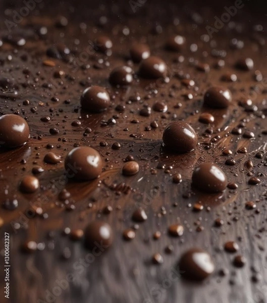 Fototapeta Droplets of rich brown chocolate falling horizontally in a seamless motion on a dark wood surface , wood, seamless