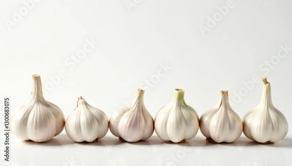 Fototapeta Fresh garlic bulbs lined up in a row with green stems on white background, ingredients, isolated