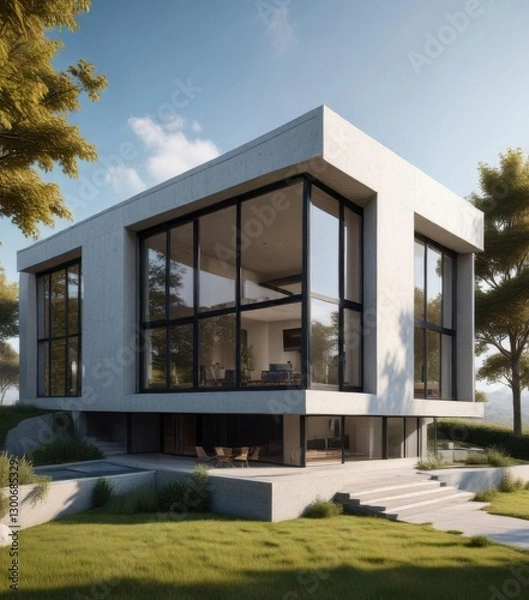 Fototapeta Minimalist modern house with clean lines and large windows,  geometric,  sleek, modern