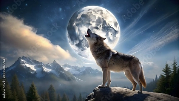 Obraz Wolf Howling at Earth Moon Night Sky