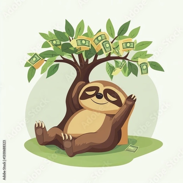 Fototapeta A cute sloth relaxing under a money tree, representing financial success and enjoyment of life.