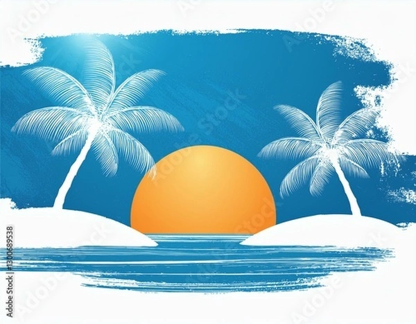 Fototapeta summertime background with palm trees summer sun and white brush strokes for creative summer season graphic design blue color  illustration