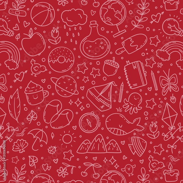 Fototapeta Hand drawn vector seamless pattern of summer and holiday doodle elements. Beach and warm weather related sketch objects