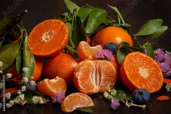 Fototapeta Close-up of cut oranges and tangerines with flowers and green leaves, on wood, horizontal
