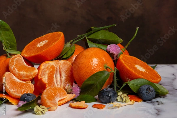 Fototapeta Close-up of oranges and tangerines with flowers and green leaves, on white marble, horizontal, with copy space