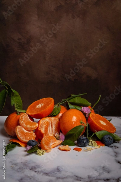 Fototapeta View of cut oranges and tangerines with flowers and green leaves, on white marble, vertically, with copy space