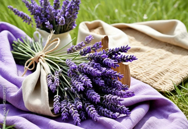 Fototapeta A bouquet of lavender on a blanket during a picnic in the wild