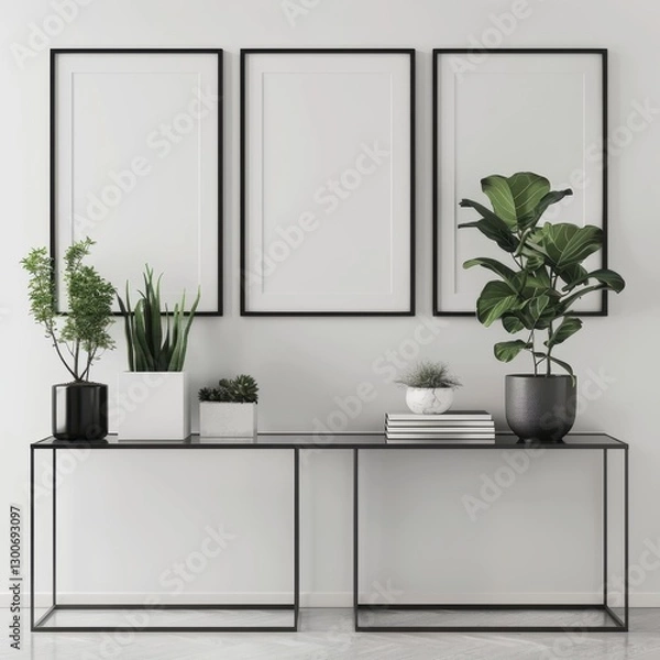 Fototapeta Minimalist interior design with three empty frames. a glass console table. and potted plants