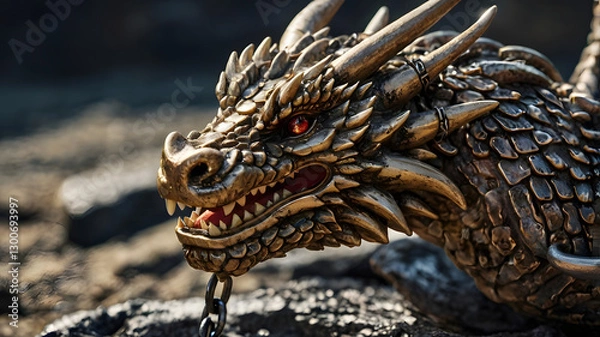 Fototapeta Ancient Dragon's Gaze: A meticulously crafted golden dragon sculpture, its intricate scales gleaming in the daylight, casts an intense look with its fiery eyes.