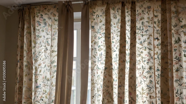 Fototapeta Printed Curtain: A pair of beautifully printed curtain gently draped around a window, blending with the room.