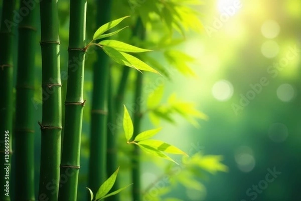 Fototapeta Intricate bamboo stalks, sunlight dappled leaves , green, shadow, vertical