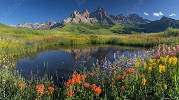 Fototapeta Spring garden scene with yellow and blue flowers popping among the greenery