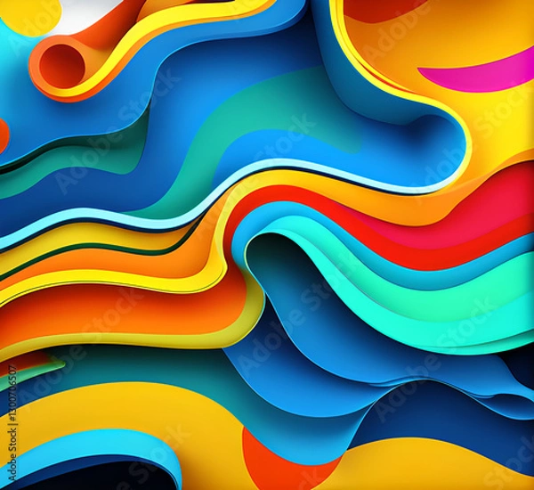 Fototapeta This colorful illustration features vibrant abstract layers that flow and swirl gracefully across a serene blue background, creating a dynamic and engaging visual element.generative ai