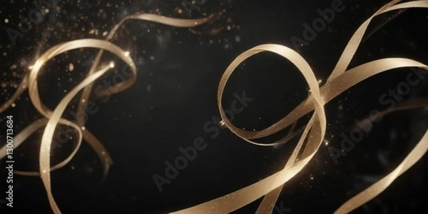 Fototapeta Elegant swirl ribbons and stars on black background with a subtle sparkle effect,  dark background,  holly leaves,  winter wonderland