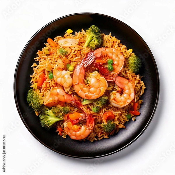 Fototapeta a black plate of egg fried rice with prawns, cabbage, green peas, sweet corn, carrots, broccoli and shiitake mushroom, shot top down, realistic food photography, isolated on a w white background